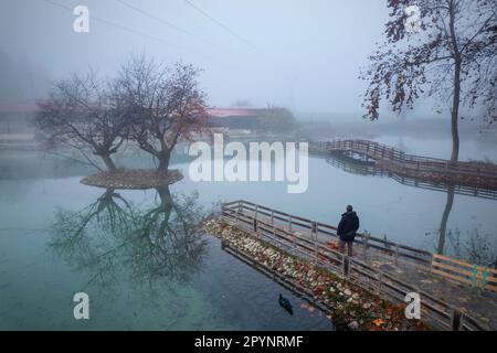 Homme solitaire à Vryssi Tyrnavou, un petit lac pittoresque et une zone de loisirs agréable à proximité de la ville de Tyrnavos, Larissa, Thessaly, Grèce. Banque D'Images