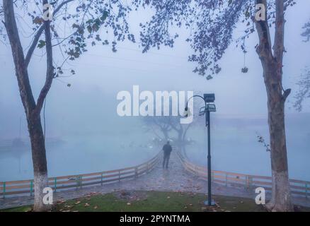 Homme solitaire à Vryssi Tyrnavou, un petit lac pittoresque et une zone de loisirs agréable à proximité de la ville de Tyrnavos, Larissa, Thessaly, Grèce. Banque D'Images