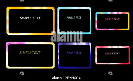 Un ensemble de six cadres de forme rectangulaire et carrée, dégradé de bordures métallisées brillantes cadres brillants avec des débordements, des ebbs, beau sur un fond noir et Illustration de Vecteur