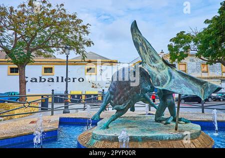 EL PUERTO, ESPAGNE - 21 SEPT, 2019: Le bronze Monumento a Paquirri sur la Plaza de Toros contre la construction de Caballero Winery, le 21 sept à El Puerto, Banque D'Images