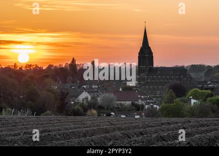 Lever de soleil coloré le matin de l'été avec un peu de brouillard sur le sol et une vue spectaculaire sur le flanc de la colline hollandaise près du village de Kuttingen Banque D'Images