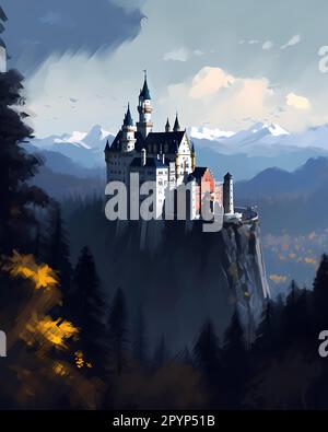 Illustration d'une belle vue du château de Neuschwanstein, Allemagne Banque D'Images