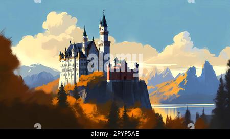 Illustration d'une belle vue du château de Neuschwanstein, Allemagne Banque D'Images