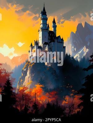 Illustration d'une belle vue du château de Neuschwanstein, Allemagne Banque D'Images