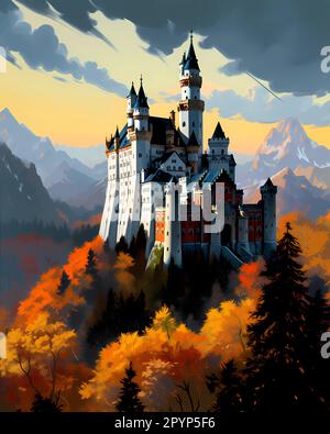 Illustration d'une belle vue du château de Neuschwanstein, Allemagne Banque D'Images