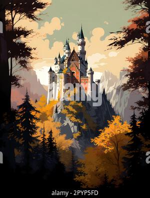 Illustration d'une belle vue du château de Neuschwanstein, Allemagne Banque D'Images