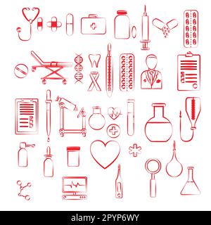Ensemble de nombreux articles linéaires d'icône rouge sur un thème pharmaceutique médical: Flacons, pilules, dispositifs, injections, banques, thermomètres, stéthoscopes isol Illustration de Vecteur