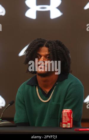 Owings Mills, MD, États-Unis. 4th mai 2023. Baltimore Ravens QB Lamar Jackson participe à une conférence de presse au Under Armor Performance Center à Owings Mills, MD. Photo/ Mike Buscher/Cal Sport Media/Alamy Live News Banque D'Images