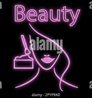 Lumineux violet vif néon signe pour coiffeur cosmetologie salon de beauté beau spa de beauté brillant avec le visage d'une femme faisant le maquillage sur un noir Illustration de Vecteur