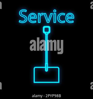 Panneau néon numérique industriel bleu lumineux pour atelier centre d'entretien beau brillant avec une pelle pour réparation sur fond noir et Illustration de Vecteur