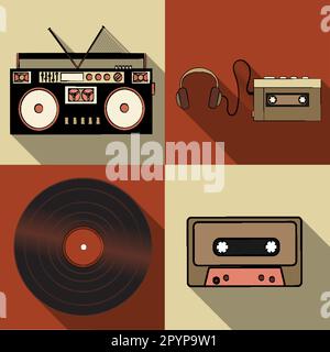 Ensemble de simples icônes de style plat avec l'ombre longue de l'ancien rétro rétro hipster ingénierie électronique, enregistreur de musique audio, lecteur, cassette, vinyle Illustration de Vecteur