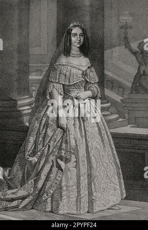 Teresa Cristina des deux Siciles (1822-1889). Pincess du Royaume des deux Siciles. Après son mariage en 1843 avec l'empereur Pedro II du Brésil, elle devint l'impératrice du Brésil. Portrait. Dessin de B. Blanco. Lithographie par J. Donón. 'Reyes Contemporáneos'. Volume I. Publié à Madrid, 1855. Auteur: Julio Donón. Artiste espagnol actif de 1840 à 1880. Bernardo Blanco (1828-1876). Lithographe espagnol. Banque D'Images