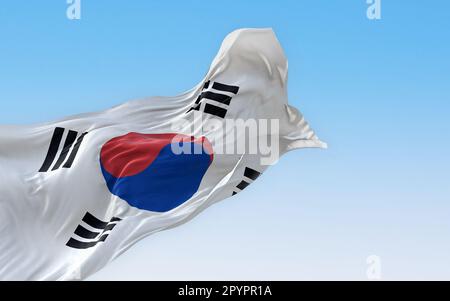 Le drapeau national de la Corée du Sud agité par temps clair. Le drapeau est un champ blanc avec un taegeuk rouge et bleu au centre. 3d rendu d'illustration. Flutteri Banque D'Images