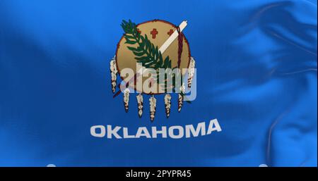 Détail du drapeau de l'État de l'Oklahoma. Champ bleu avec bouclier de peau de buffle, branche d'olive et pipe de paix. Arrière-plan texturé. 3d illustration Banque D'Images