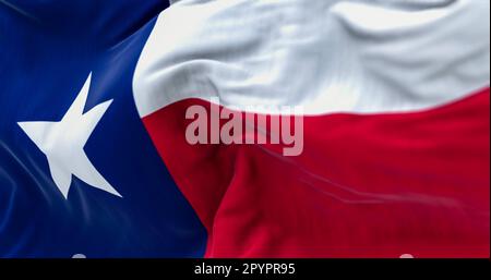 Le drapeau de l'État du Texas flotte dans le vent. Bande verticale bleue avec étoile blanche, bandes horizontales blanches et rouges. 3D rendu d'illustration. Gros plan. Banque D'Images