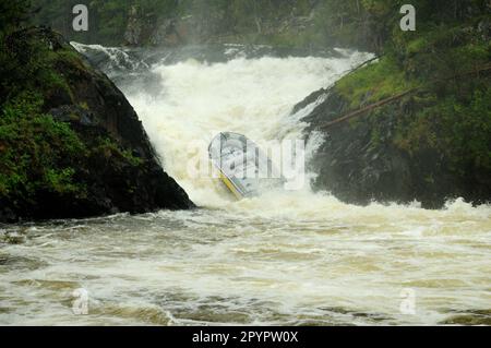 Promenade en bateau dans les rapides de Jyravankoski sur la rivière Kitkajoki dans le parc national d'Oulanka en Finlande, lors d'une journée d'été découverte Banque D'Images