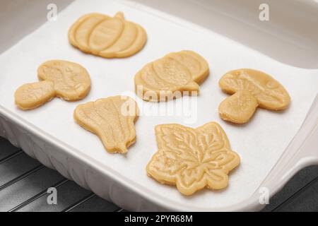 Biscuits non cuits de différentes formes dans un plat, gros plan Banque D'Images