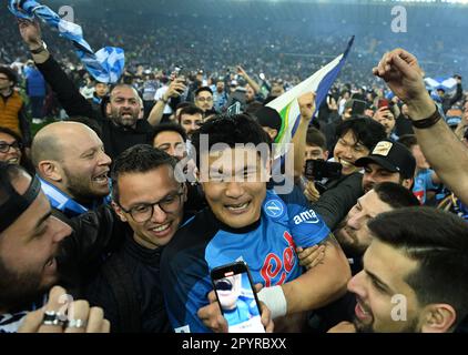 Udine, Italie. 4th mai 2023. Kim min-Jae de Naples célèbre après la série Un match de football entre Naples et Udinese à Udine, Italie, sur 4 mai 2023. Crédit: Alberto Lingria/Xinhua/Alay Live News Banque D'Images