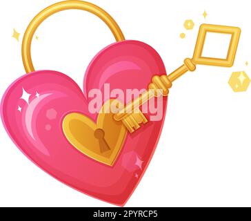 Serrure en forme de coeur rose et clé dorée. Saint-Valentin, sentiments romantiques, concept de symbole de mariage. Illustration de Vecteur