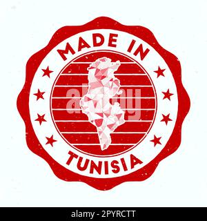 Fabriqué en Tunisie. Timbre rond de pays. Sceau de Tunisie avec forme de frontière. Badge vintage avec texte circulaire et étoiles. Illustration vectorielle. Illustration de Vecteur