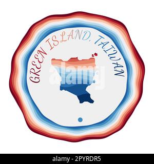 Badge Green Island, Taïwan. Carte de l'île avec de belles vagues géométriques et un cadre rouge bleu vif. Logo rond vif. Illustration vectorielle. Illustration de Vecteur