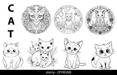 Vecteur noir et blanc dessin animé chats et chatons personnages grand ensemble Illustration de Vecteur