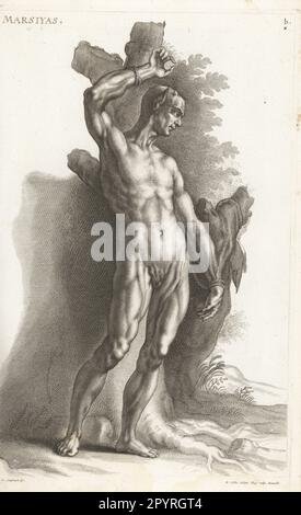 Marsyas, avec des oreilles et des cornes pointues, est attaché à un arbre pour être en vie. Dans le mythe grec, le satyr Marsyas a défié Apollo à un concours de musique et a été élancé vivant pour avoir perdu. D'une sculpture dans la Galleria Giustiniana. Marsiyas. Gravure sur plaque de coperplate de Richard Collin après une illustration de Joachim von Sandrat de son Académie Todesca, della Architectura, Scucultura & Pittura, oder Teutsche Academie, der Edlen Bau- Bild- und Mahlerey-Kunste, Académie allemande d’architecture, de sculpture et de peinture, Jacob von Sandrart, Nuremberg, 1675. Banque D'Images