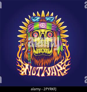 Crâne hippie avec fond de tournesol trippy illustrations psychédéliques vecteur pour votre logo de travail, t-shirt de marchandise, autocollants et dessins d'étiquettes Illustration de Vecteur
