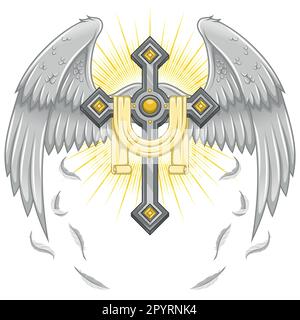 Conception vectorielle de croix ailées avec ruban, croix céleste avec ailes, symbologie chrétienne du paradis Illustration de Vecteur