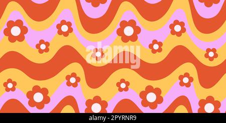 Vagues géantes et fleurs en pâquerette arrière-plan horizontal. Psychédélique Abstract Curves Vector Seamless Pattern en 1970s hippie Retro style. Illustration de Vecteur