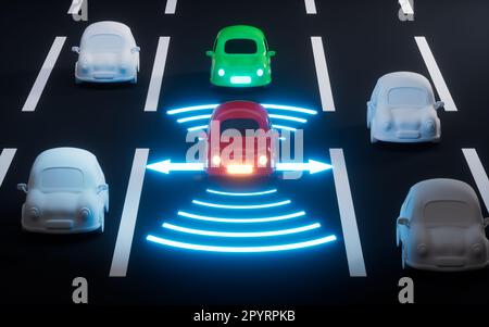 Auto-voiture autonome se déplaçant à travers l'autoroute, pilote automatique et systèmes de détection, rendu 3D. Dessin numérique. Banque D'Images