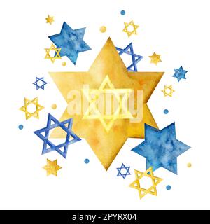 Aquarelle jaune bleu étoiles de la composition David. Illustration juive dessinée à la main pour Hanoukkah, Purim et autres vacances. Pour être fier d'être juif ou de dîner Banque D'Images