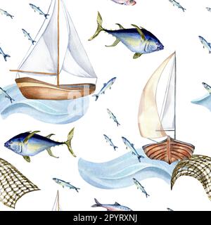 Motif fluide de poissons de mer et bateau à voile aquarelle illustration isolée sur blanc. Bateau de pêche, vague de mer et thon, tiré à la main. Elément de conception pour Banque D'Images