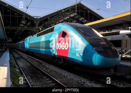 PARIS (75) 12 EME ARRONDISSEMENT. GARE DE LYON. TRAIN TGV OUIGO, LA FILIALE LOW COST DE LA SNCF Banque D'Images