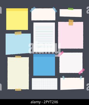 jeu de notes adhésives et de feuilles de papier déchirées arrière-plan isolé. Illustration de Vecteur