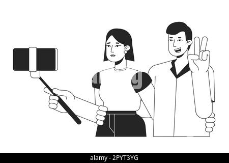 Couple prenant l'illustration du vecteur de ton point selfie BW Illustration de Vecteur