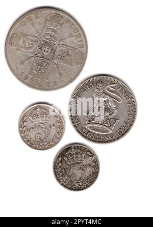 Roi George V pièces d'argent vintage de Grande-Bretagne montrant l'inverse. Banque D'Images