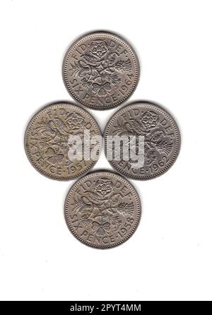 Queen Elizabeth II six pence pièces de monnaie vintage de la Grande-Bretagne montrant l'inverse. Banque D'Images