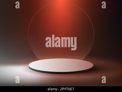 3D plate-forme de podium blanc vide réaliste avec fond rond en verre transparent sur fond sombre et éclairage rouge. Vous pouvez utiliser pour le produit Illustration de Vecteur