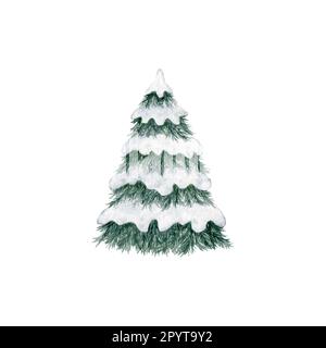 Arbre de Noël recouvert de neige. Sapin. Illustration aquarelle dessinée à la main. Modèle forestier, paysage boisé d'hiver. Nature sauvage dans Banque D'Images