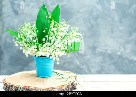 Bouquet de lys de la vallée dans un seau bleu sur fond gris. Carte de vœux. Mise au point sélective. Banque D'Images