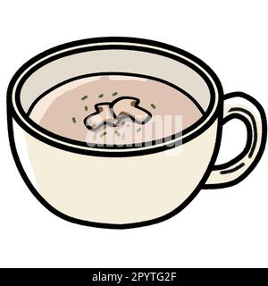 Soupe de champignons isolée avec champignons et persil sur le dessus dans une tasse en céramique crème, champignon, plat végétarien, vecteur, illustration, dessin animé Banque D'Images