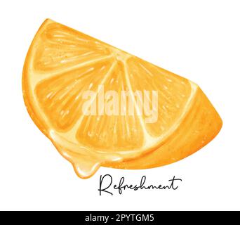 Rafraichissement quart de coupe de fruit orange avec liquide goutte aquarelle peinture main Illustration semi-réaliste vecteur isolé sur fond blanc. Illustration de Vecteur