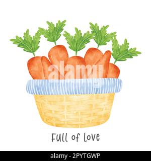 groupe de carottes orange légumes aquarelle en bois vintage panier en osier vecteur peint à la main illustration isolée sur fond blanc. Illustration de Vecteur