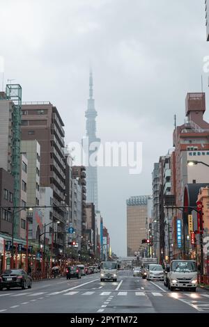 TOKYO, JAPON - 7 AVRIL 2023 : ville de Tokyo avec fond Tokyo Skytree contre ciel nuageux Banque D'Images