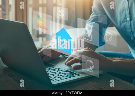 immobilier, acheter concept de maison, choisir la maison avec des paramètres de prix, emplacement, evergy efficacité et valeur de propriété Banque D'Images