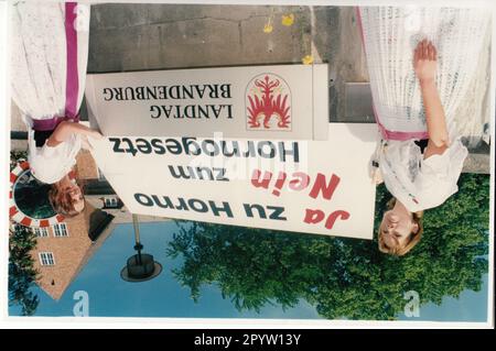 Potsdam action manifestation contre l'excavation du village Horno à l'extraction de charbon brun opencast promotion minière, dans le Parlement fédéral de l'Etat il ya eu la lecture de 1st à la loi Horno, initiative citoyenne, Brauhausberg, politique énergétique, Lauritz, Vattenfall, photo de 20.02.1997 photo: MAZ/Bernd Gartenschläger [traduction automatique] Banque D'Images