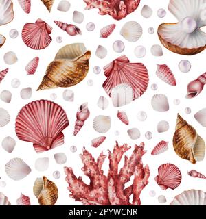 Motif aquarelle sans coutures avec coraux, coquillages et perles. Peinture à la main des objets de vie sous-marins de clipart sur un fond blanc isolé. Pour Banque D'Images