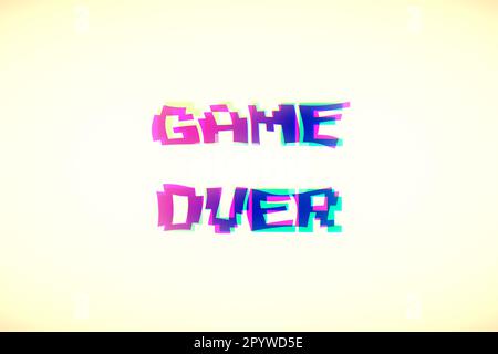 Un écran coloré avec le texte Game Over, déformé comme une vague. style rétro 8 bits funky, tons de couleur vaporwave (rose et bleu), vigneté. Banque D'Images