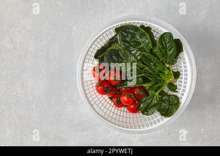 Feuilles vertes lavées d'épinards et de tomates cerises sur une branche dans une passoire blanche en plastique sur une table en pierre légère. Vue de dessus avec espace de copie Banque D'Images